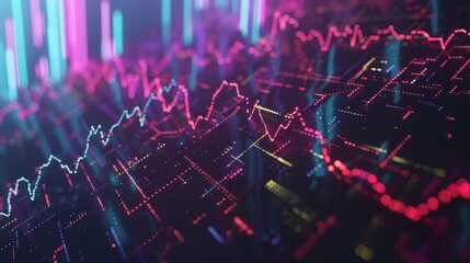 Depiction of a dramatic stock market fluctuation with glowing neon lines against a dark background, representing financial volatility