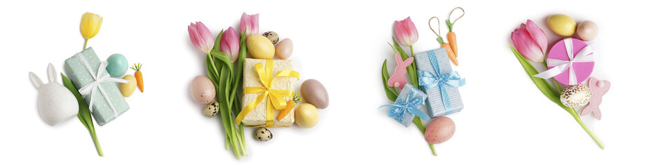 Collage of gifts with painted Easter eggs and flowers on white background, top view