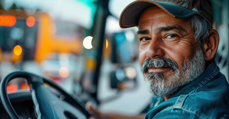 Latino truck driver looking at camera - obrazy, fototapety, plakaty