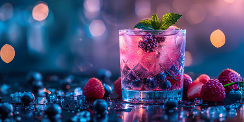 Tropical cocktail with blueberry and raspberry - obrazy, fototapety, plakaty