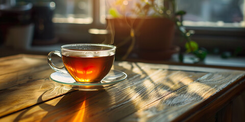 Transparent cup of tea on table, morning sun reflection - obrazy, fototapety, plakaty