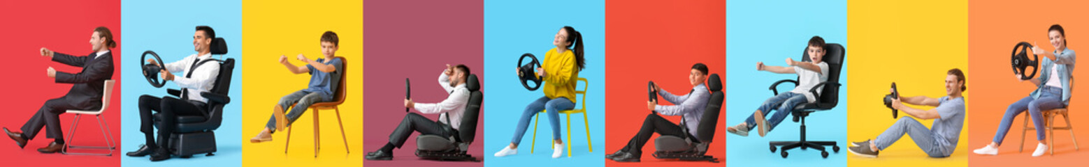 Collage of different people with steering wheels on color background