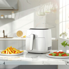 white air fryer appliance on the marble table in the modern kitchen with fried fries and salad on plates created by generative AI