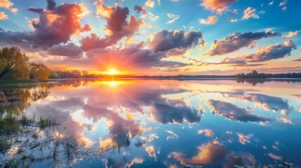 A serene lakeside scene at sunset, with colorful clouds reflected on the water.  attractive look