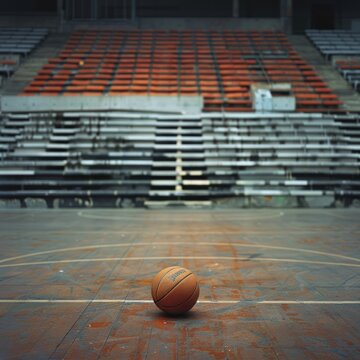 Portrait basketball ball on the floor of empty basketball arena, copy space. generative AI image