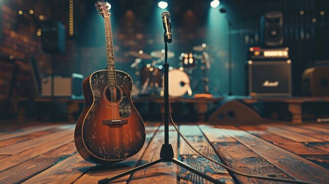 Music instrument guitar, microphone and loudspeaker on wooden floor stage background. AI generated image