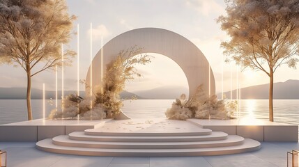 Modern wedding ceremony setup with a curved concrete structure by the lake at sunrise, framed by trees and ethereal lighting
