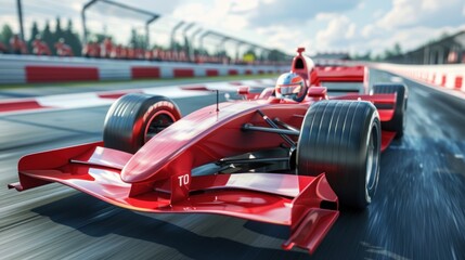 Close up front view fast red race car on a track in circuit arena. AI generated image