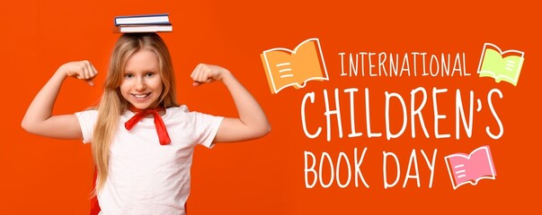 Banner for International Children's Book Day with little girl dressed as superhero