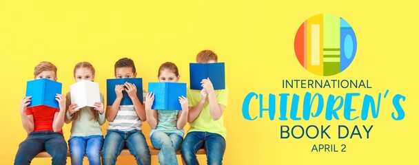 Banner for International Children's Book Day with many little kids