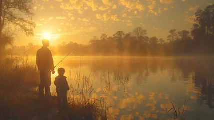 Poster Father and Son Bonding Over Fishing at Sunrise © Berzey Art
