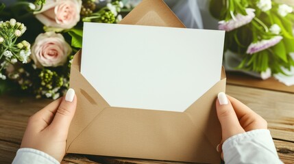 A person holds an envelope with a blank card, surrounded by flowers on the table, a heartfelt Mother's Day or birthday mockup, conveying warm wishes