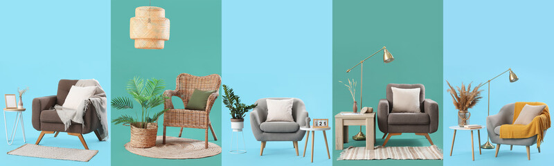 Collage of stylish armchairs with tables, lamps and decorations on green and blue backgrounds