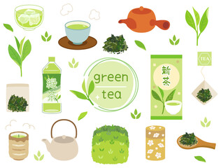 新茶・緑茶・煎茶などの日本のお茶をイメージしたイラストのセット