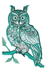 An owl sitting on a branch with leaves, embroidery on white background