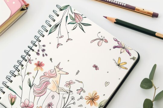 Enchanting Dreams: A Whimsical Notebook Adorned With Unicorn Magic and Flower Fantasies. Generative AI.