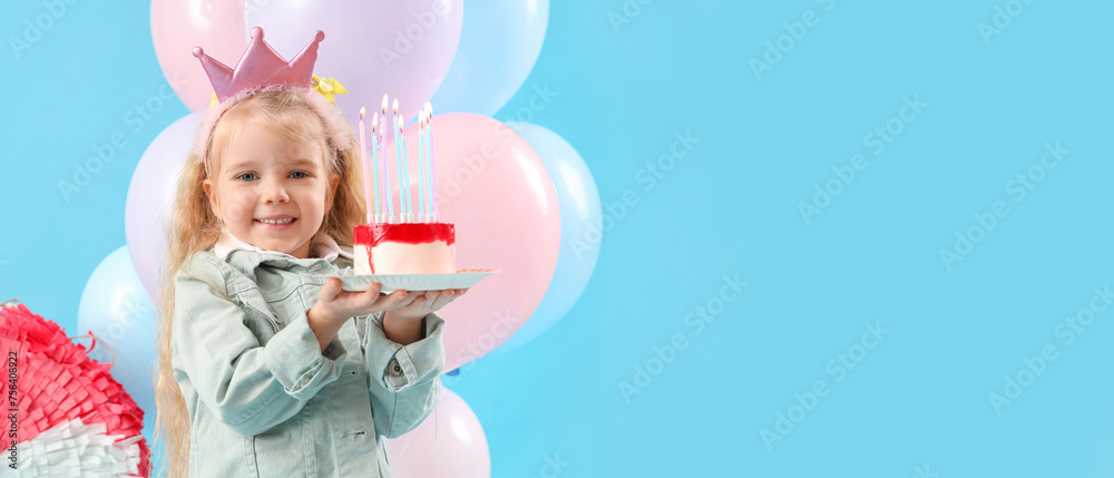 Poster cute little girl with birthday cake and balloons on blue background