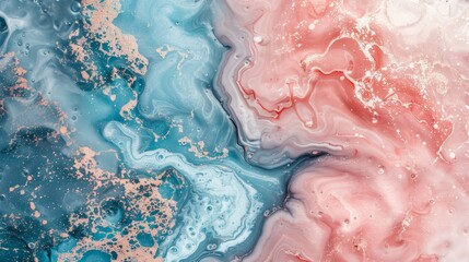 Obraz premium Abstract blue liquid paint texture on luxury gold stone background with creative rainbow effect.
