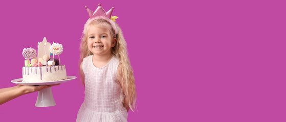 Cute little girl and hands with Birthday cake on purple background