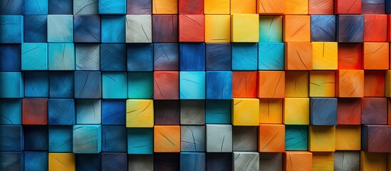 A closeup of an artistic azure checkered pattern on a wall, showcasing colorfulness, symmetry, and various tints and shades in the rectangular textile material property