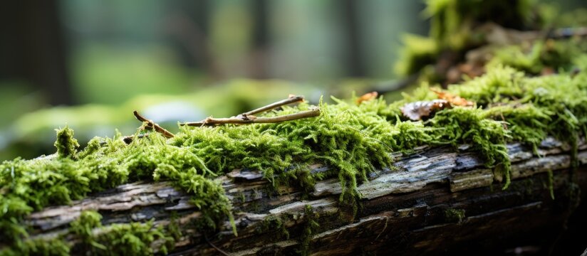 A close up of a tree branch covered in moss, blending seamlessly with the natural landscape of the wood, creating a beautiful and serene image
