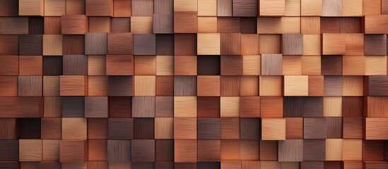 A closeup of a symmetrical wall made of brown rectangular wooden squares, showcasing the beauty of hardwood flooring and wood stain as a building material