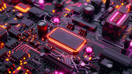 Fototapeta premium close up of an ev battery circuit with neon lights in detail, circuit board.