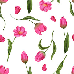 Seamless pattern, watercolor floral illustration tulips,  for wedding stationary, easter greetings, wallpapers, fashion ,poster, background. Hand draw digital