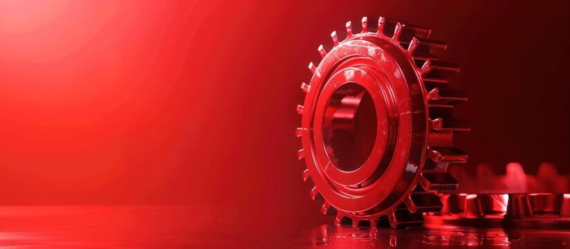 Close up steel gear concept with red light shades copy space background. AI generated image