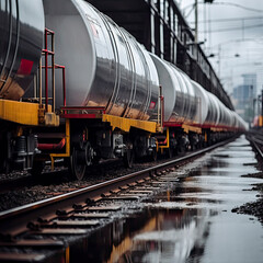 Fototapeta na wymiar Freight cars standing still on the tracks on the background of the station,close up, copy space