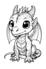 Obraz premium A cute little dragon sitting on the ground, coloring book for kids.