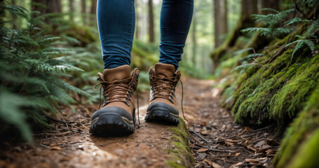 Close-up of a hiker's brown boots walking on a forest trail; the focus on outdoor adventure and exploration.