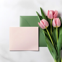 Blank invitation card with green envelope and pink tulips on white background,mockup, close up