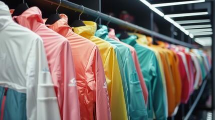sportswear colorful jackets on hangers