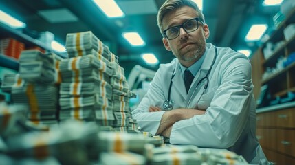 Corrupt doctor with stacks of cash around