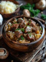 Stewed sauerkraut with cooked meat bites polish athentic bigos