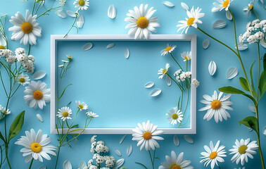 Creative Spring  layout, white  frame with camomiles, copy space