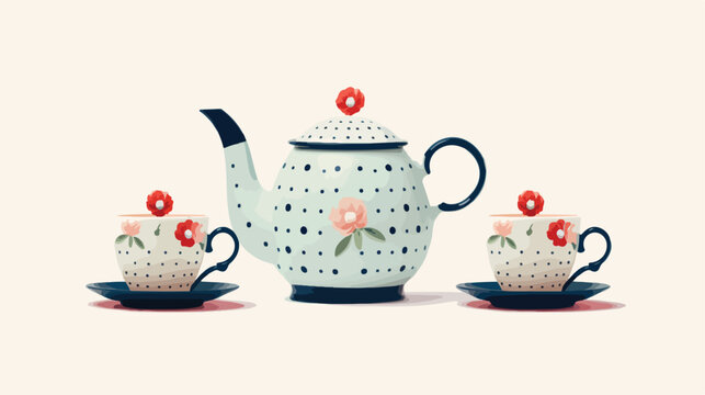 A mismatched tea set with a floral teapot and polka