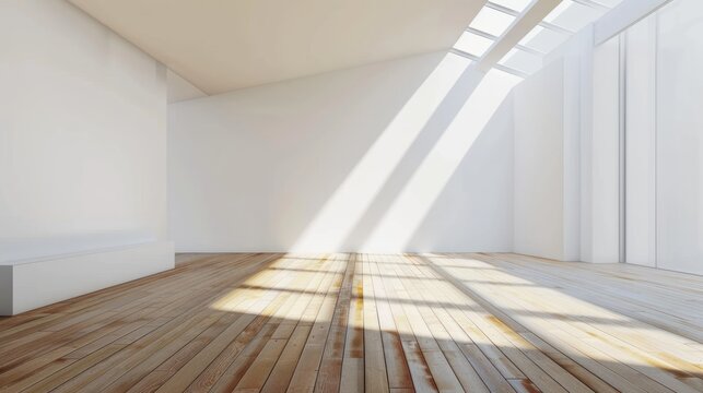 Empty white concrete wall room with wooden floor copy space background. AI generated image