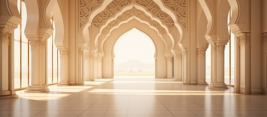 Arabic-style arch and colonnade with wall ornament. - obrazy, fototapety, plakaty