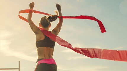 Woman athlete crossing the finish line in victory