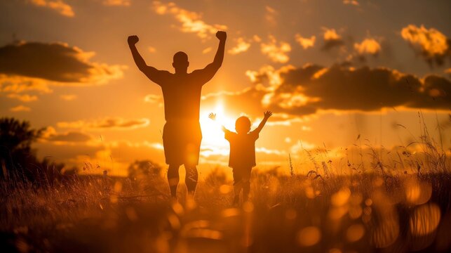 Silhouetted Father and Child Celebrating Together at Sunset
