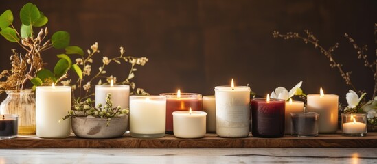 A collection of candles in glass holders sit on a wooden shelf in a dark room, creating a cozy atmosphere. This still life photography captures the beauty of interior design with candlelight