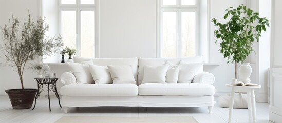 A modern living room featuring a white couch and two potted plants, adding a touch of nature to the cozy space