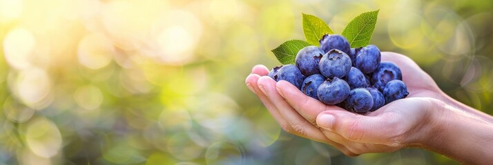 Hand holding fresh blueberries on blurred background with space for text placement - obrazy, fototapety, plakaty