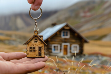 Hand Offering House Keychain with Mountain Home Background