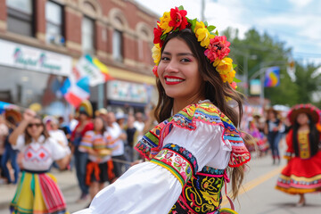 Vibrant Multicultural Parade with Traditional Latin American Dress