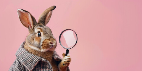 Easter Bunny with a Magnifying Glass on a Pink Background with Space for Copy - obrazy, fototapety, plakaty