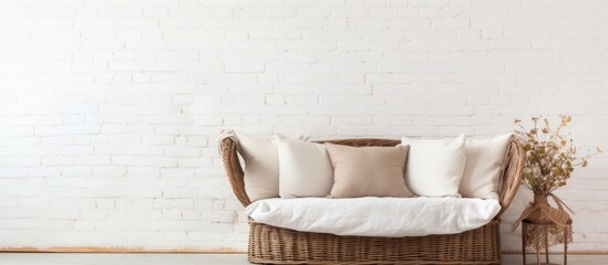 A wooden couch is placed rectangularly on a hardwood floor in a living room with a white brick wall in the background, creating a cozy and stylish ambiance for any event in the building