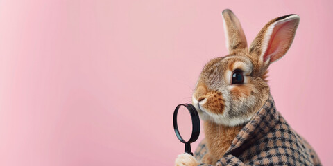 Easter Bunny with a Magnifying Glass on a Pink Background with Space for Copy - obrazy, fototapety, plakaty